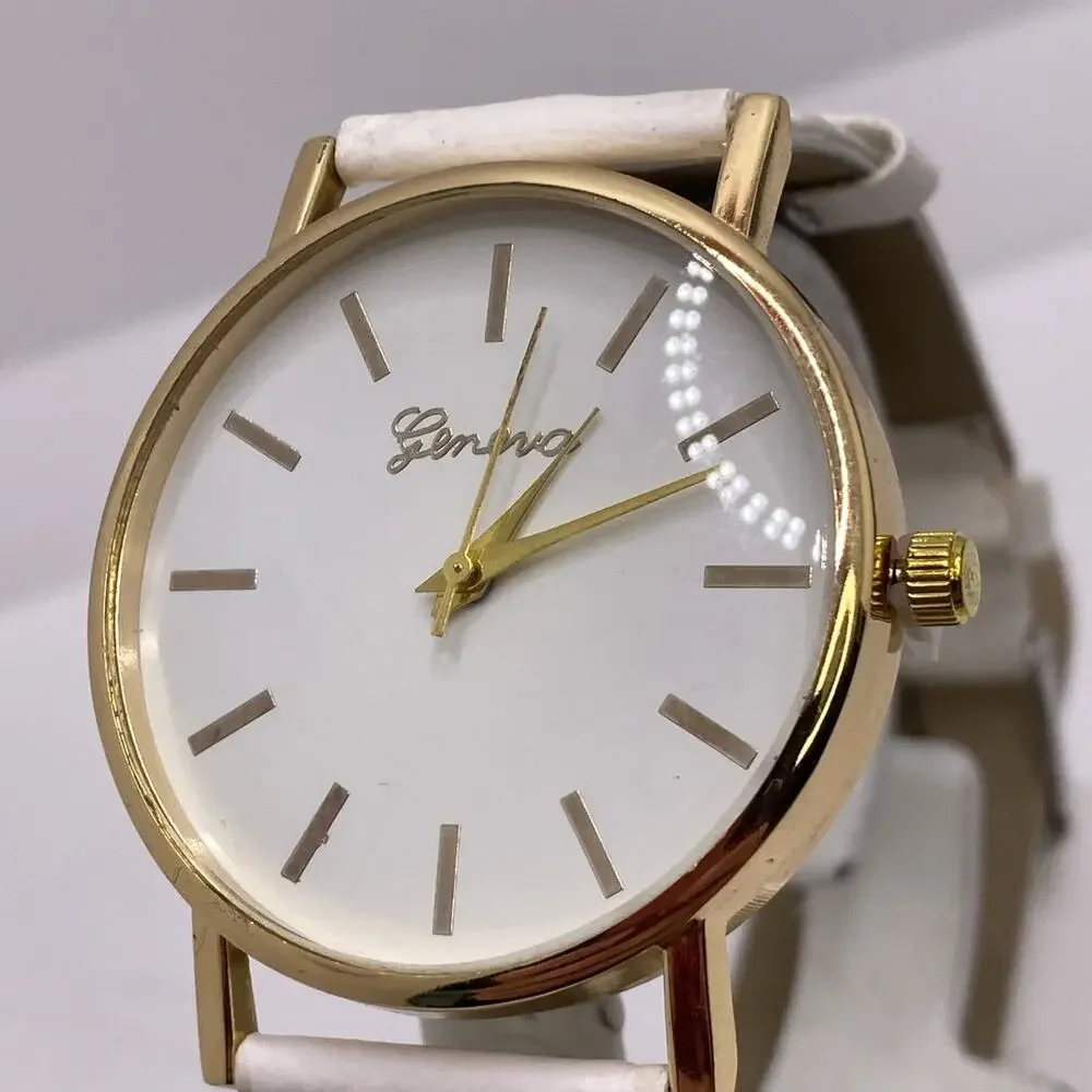 Geneva White Leather Womens Watch New Battery